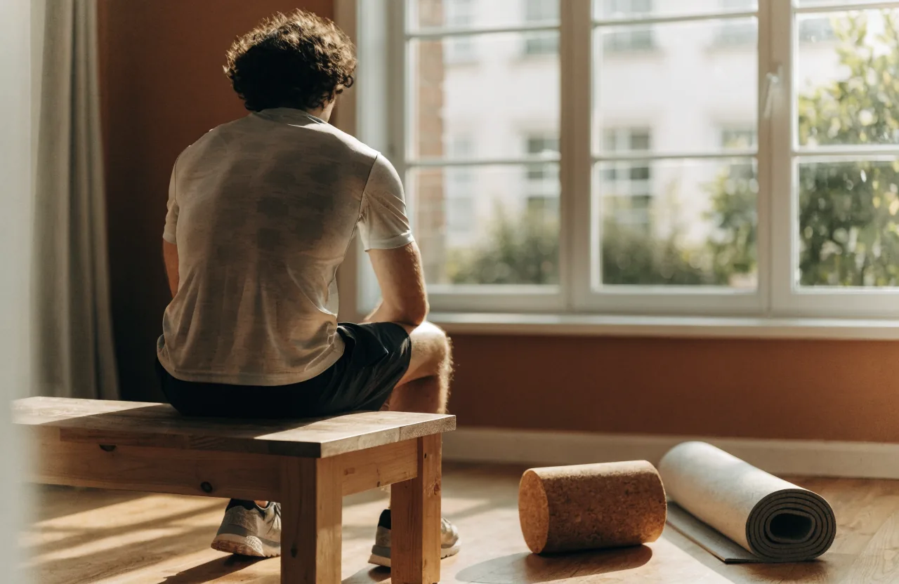 A person sits on a wooden bench by a sunlit window in running shoes, a foam roller and rolled exercise mat beside the bench.